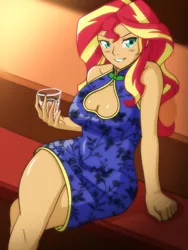 Size: 2160x2880 | Tagged: safe, artist:fantasyblade, derpibooru import, sunset shimmer, human, equestria girls, blushing, boob window, breasts, cheongsam, chinese dress, cleavage, clothes, dress, drink, female, glass, sitting, smiling, solo