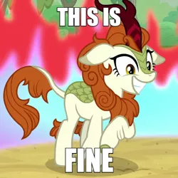 Size: 600x600 | Tagged: autumn blaze, caption, cropped, derpibooru import, edit, edited screencap, female, fire, floppy ears, grin, kirin, meme, raised hoof, safe, screencap, smiling, solo, sounds of silence, this is fine, wide smile