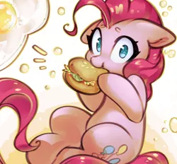 Size: 1404x1302 | Tagged: safe, artist:mirroredsea, derpibooru import, pinkie pie, earth pony, pony, burger, cute, diapinkes, eating, female, floppy ears, food, hay burger, hooves, looking at you, mare, solo
