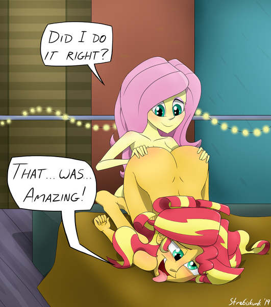 Size: 1469x1660 | Tagged: questionable, artist:strebiskunk, derpibooru import, fluttershy, sunset shimmer, equestria girls, 2 handfuls of dat ass, afterglow, aftersex, ahegao, blushing, breasts, bunset shimmer, butt, butt touch, dialogue, face down ass up, female, females only, hand on butt, implied cunnilingus, implied oral, implied sex, lesbian, nudity, open mouth, shipping, signature, softcore, speech bubble, sunshyne, tongue out