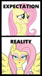 Size: 525x941 | Tagged: suggestive, artist:reiduran, derpibooru import, edit, fluttershy, pegasus, pony, backwards, bad edit, blushing, choker, chokershy, expectation vs reality, fake, female, inverse, inverted, liar, lies, lying, mare, op is wrong, op was wrong, out of character, solo, solo female, why