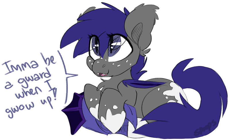 Size: 1515x922 | Tagged: safe, artist:spoopygander, derpibooru import, oc, oc:midnight blossom, unofficial characters only, bat pony, pony, bat ears, bat eyes, bat pony oc, bat wings, chest fluff, cute, ear fluff, fangs, female, filly, foal, freckles, helmet, hooves, looking up, markings, solo, text, wings