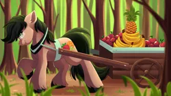 Size: 4767x2697 | Tagged: safe, artist:airiniblock, derpibooru import, oc, oc:fruitsallad, unofficial characters only, earth pony, pony, apple, banana, commission, food, forest, fruit, glasses, hooves, male, pineapple, rcf community, smiling, solo, stallion, wagon