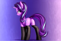 Size: 2953x2001 | Tagged: suggestive, alternate version, artist:setharu, derpibooru import, edit, starlight glimmer, pony, unicorn, bedroom eyes, blushing, butt, clothes, cutie mark, dock, featureless crotch, female, glimmer glutes, horn, looking at you, looking back, looking back at you, mare, open mouth, plot, sexy, socks, solo, solo female, stupid sexy starlight glimmer