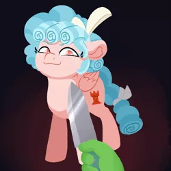 Size: 1250x1250 | Tagged: safe, artist:fannytastical, derpibooru import, edit, cozy glow, oc, oc:anon, human, pegasus, pony, :3, bow, cozybuse, cutie mark, dark background, female, filly, hair bow, hand, heart eyes, knife, knife cat, meme, offscreen character, ponified animal photo, pov, pure concentrated unfiltered evil of the utmost potency, pure unfiltered evil, wingding eyes