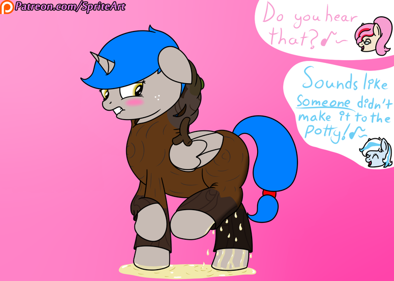 Size: 1400x1000 | Tagged: accident, alicorn, alicorn oc, artist:spritepony, blushing, clothes, costume, derpibooru import, desperation, embarrassed, gradient background, horn, kigurumi, lip bite, need to pee, oc, oc:snow frost, oc:sprite, oc:understudy, offscreen character, omorashi, patreon, patreon link, patreon logo, pink background, pissing, pissing on self, pot calling the kettle black, potty emergency, potty time, puddle, questionable, simple background, solo, speech, speech bubble, talking, text, timber wolf, unofficial characters only, urine, wetting, wings