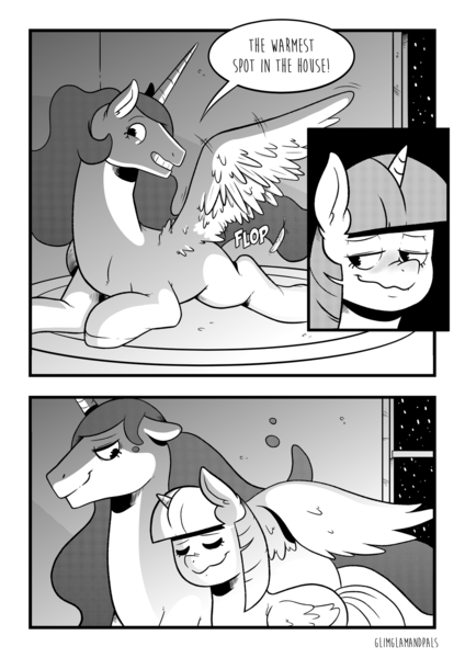 Size: 1280x1811 | Tagged: safe, artist:raph13th, derpibooru import, princess celestia, twilight sparkle, twilight sparkle (alicorn), alicorn, pony, comic:glim glam and pals, comic, dialogue, eyes closed, female, grayscale, lesbian, monochrome, shipping, speech bubble, twilestia, wavy mouth