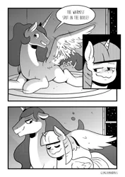 Size: 1280x1811 | Tagged: safe, artist:raph13th, derpibooru import, princess celestia, twilight sparkle, twilight sparkle (alicorn), alicorn, pony, comic:glim glam and pals, comic, dialogue, eyes closed, female, grayscale, lesbian, monochrome, shipping, speech bubble, twilestia, wavy mouth