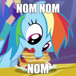 Size: 600x600 | Tagged: safe, derpibooru import, edit, edited screencap, screencap, rainbow dash, pegasus, pony, castle sweet castle, caption, cropped, cute, dashabetes, eating, female, food, image macro, meme, nom, pancakes, solo, strawberry, text, whipped cream