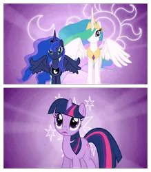 Size: 1344x1536 | Tagged: safe, derpibooru import, screencap, princess celestia, princess luna, twilight sparkle, alicorn, unicorn, season 3, the crystal empire, crystal empire, cutie mark, cutie mark background, female, moon, purple background, royal sisters, shiny, siblings, simple background, sisters, stars, sun, unicorn twilight