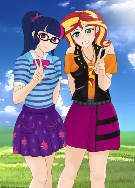 Size: 1549x2159 | Tagged: safe, artist:anonix123, derpibooru import, sci-twi, sunset shimmer, twilight sparkle, human, equestria girls, equestria girls series, clothes, female, geode of empathy, geode of telekinesis, glasses, grin, human coloration, humanized, jacket, leather, leather jacket, magical geodes, ponytail, skirt, smiling