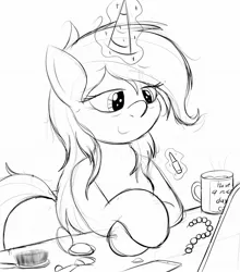 Size: 1802x2048 | Tagged: safe, artist:an-tonio, derpibooru import, oc, oc:golden brooch, unofficial characters only, pony, unicorn, alternate hairstyle, brush, desk, female, human shoulders, jewelry, lineart, lipstick, loose hair, magic, makeup, mare, mirror, monochrome, mug, necklace, pearl necklace, simple background, sketch, smiling, solo, telekinesis, white background