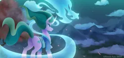 Size: 3557x1686 | Tagged: safe, artist:allionii-azy, derpibooru import, mistmane, dragon, pony, unicorn, butt, cherry blossoms, clothes, cloud, curved horn, determined, dragon spirit, ethereal mane, female, flower, flower blossom, glowing horn, horn, magic, mare, mountain, mountain range, plot, sexy, solo