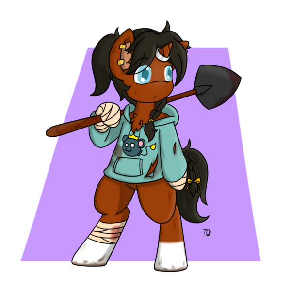 Size: 1000x1000 | Tagged: safe, artist:taletrotter, derpibooru import, oc, oc:tansy, semi-anthro, unicorn, bandage, bipedal, clothes, color, concept art, dirty, ear piercing, earring, femboy, hoodie, jewelry, male, piercing, post apocalpyse, shovel, stallion