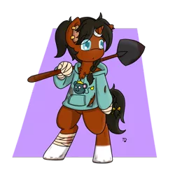 Size: 1000x1000 | Tagged: safe, artist:taletrotter, derpibooru import, oc, oc:tansy, semi-anthro, unicorn, bandage, bipedal, clothes, color, concept art, dirty, ear piercing, earring, femboy, hoodie, jewelry, male, piercing, post apocalpyse, shovel, stallion