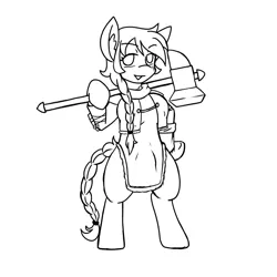Size: 1000x1000 | Tagged: safe, artist:taletrotter, derpibooru import, oc, oc:serenity stormrider, earth pony, semi-anthro, barbarian, bipedal, black and white, braid, braided tail, clothes, colorless, concept art, fantasy, female, futa, grayscale, hammer, herm, intersex, lineart, mare, medieval, monochrome, scar, standing pony, tribal, war hammer, weapon
