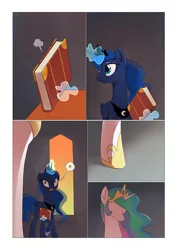 Size: 751x1063 | Tagged: safe, artist:gashiboka, derpibooru import, princess celestia, princess luna, alicorn, pony, comic:scar of solar, :d, caught, comic, diary, female, hoof shoes, magic, mare, telekinesis, this will end in tears and/or a journey to the moon, this will end in tears and/or a journey to the sun, this will not end well