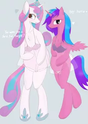 Size: 1440x2039 | Tagged: adult, alicorn, alicorn oc, artist:rafhedecat, bedroom eyes, blushing, chest fluff, clothes, cousins, derpibooru import, duo, duo female, female, heart, hoof on belly, horn, lingerie, looking at you, mare, multiple pregnancy, oc, oc:melody aurora, offspring, older, older flurry heart, parent:flash sentry, parents:flashlight, parent:twilight sparkle, pregnant, princess flurry heart, semi-anthro, suggestive, wings