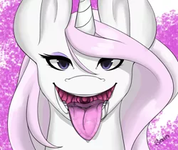 Size: 2040x1712 | Tagged: suggestive, artist:saiokisaragi, derpibooru import, fleur-de-lis, pony, unicorn, drool, female, huge ears, kitchen eyes, mawshot, open mouth, solo, solo female, tongue out, uvula