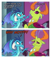 Size: 1372x1568 | Tagged: safe, derpibooru import, edit, edited screencap, screencap, princess ember, thorax, changedling, changeling, school daze, angry, comic, embrax, female, implied shipping, interspecies, king thorax, lip bite, male, screencap comic, shipping, straight, tsundember, tsundere, why not