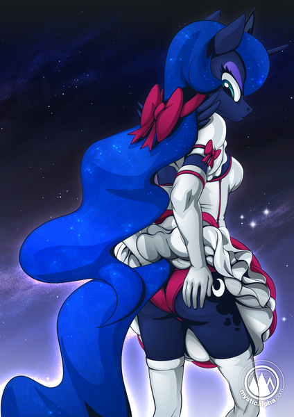 Size: 955x1351 | Tagged: alicorn, anthro, artist:mysticalpha, breasts, clothes, derpibooru import, female, looking back, magical girl, mare, panties, princess luna, red underwear, sailor moon, solo, solo female, suggestive, underwear