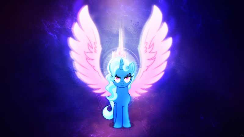 Size: 1920x1080 | Tagged: safe, artist:antylavx, artist:orin331, derpibooru import, edit, trixie, pony, unicorn, artificial wings, augmented, blue background, female, magic, magic wings, mare, princess, princess of trickery, simple background, spread wings, wallpaper, wallpaper edit, wings, xk-class end-of-the-world scenario
