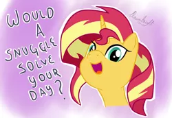 Size: 1024x706 | Tagged: safe, artist:dawnbrightglint, artist:mlpfbismagic, derpibooru import, sunset shimmer, pony, unicorn, bronybait, cute, female, gradient background, happy, looking at you, mare, open mouth, positive ponies, question, shimmerbetes, smiling, solo, talking to viewer, text