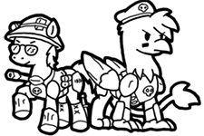 Size: 225x150 | Tagged: safe, artist:crazyperson, derpibooru import, gryphon, pony, fallout equestria, fallout equestria: commonwealth, black and white, duo, fanfic art, grayscale, gunners, monochrome, picture for breezies, simple background, transparent background