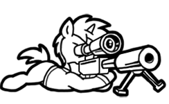 Size: 244x150 | Tagged: safe, artist:crazyperson, derpibooru import, pony, unicorn, fallout equestria, fallout equestria: commonwealth, black and white, clothes, fanfic art, generic pony, grayscale, gun, monochrome, picture for breezies, prone, rifle, simple background, sniper, sniper rifle, solo, transparent background, vault suit, weapon