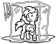 Size: 188x150 | Tagged: safe, artist:crazyperson, derpibooru import, pony, unicorn, fallout equestria, fallout equestria: commonwealth, black and white, clothes, fanfic art, frozen, generic pony, grayscale, ice, monochrome, picture for breezies, raised hoof, simple background, solo, transparent background, vault suit