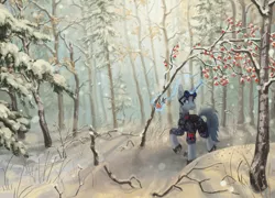 Size: 3322x2397 | Tagged: safe, artist:koviry, derpibooru import, oc, oc:flint, unofficial characters only, pony, unicorn, berries, clothes, commission, forest, glowing horn, goggles, horn, levitation, magic, male, scenery, snow, solo, telekinesis, tree, winter