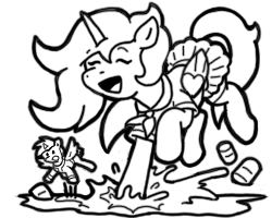Size: 250x200 | Tagged: safe, artist:crazyperson, derpibooru import, pony, fallout equestria, fallout equestria: commonwealth, black and white, duo, eyes closed, fanfic art, female, grayscale, mare, monochrome, picture for breezies, purple alicorn (fo:e), simple background, splashing, transparent background