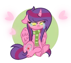 Size: 525x465 | Tagged: safe, artist:darbypop1, derpibooru import, oc, oc:alyssa rice, alicorn, pony, clothes, crying, female, mare, scarf, solo, underhoof