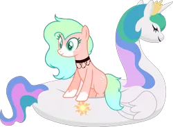 Size: 1673x1232 | Tagged: safe, artist:crystalponyart7669, derpibooru import, princess celestia, oc, oc:drawn gallery, earth pony, pony, best gift ever, female, floaty, inflatable, inflatable toy, mare, pool toy, simple background, swan boat, swanlestia, transparent background