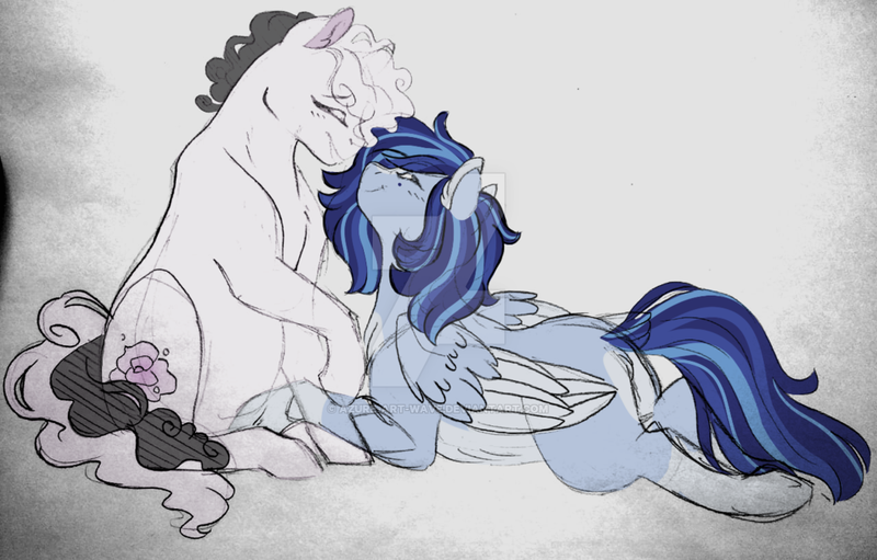 Size: 1024x654 | Tagged: safe, artist:azure-art-wave, derpibooru import, oc, oc:azure, oc:rose, earth pony, pegasus, pony, deviantart watermark, female, lesbian, mare, obtrusive watermark, oc x oc, shipping, sketch, traditional art, watermark