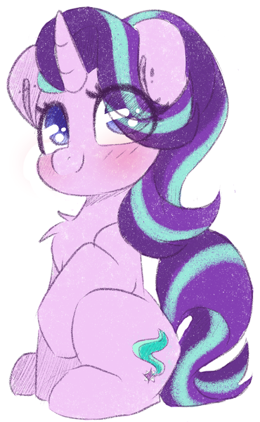 Size: 884x1434 | Tagged: safe, artist:spoopygander, derpibooru import, starlight glimmer, pony, unicorn, blushing, chest fluff, cute, cutie mark, female, glimmerbetes, looking at you, looking up, mare, multicolored hair, simple background, sitting, smiling, white background