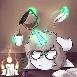 Size: 1280x1280 | Tagged: safe, artist:urbanqhoul, derpibooru import, oc, oc:specter wisp, unofficial characters only, pony, unicorn, bags under eyes, book, candle, coffee, coffee mug, feather, female, green eyes, levitation, magic, mare, messy mane, mug, solo, telekinesis, unamused, white coat