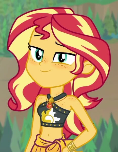 Size: 796x1024 | Tagged: safe, artist:katakiuchi4u, derpibooru import, edit, edited screencap, screencap, sunset shimmer, equestria girls, equestria girls series, unsolved selfie mysteries, belly button, bikini, black swimsuit, clothes, cutie mark swimsuit, female, freckles, sarong, smiling, solo, swimsuit