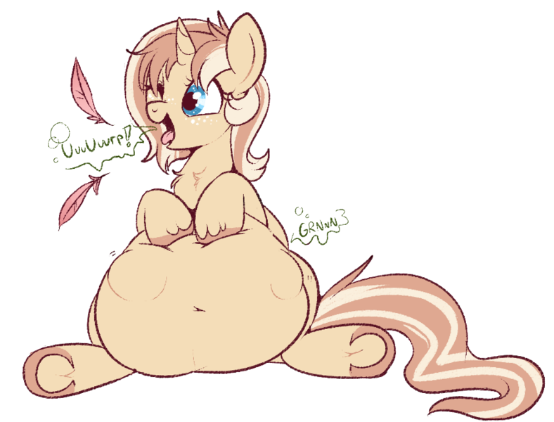 Size: 900x685 | Tagged: questionable, artist:lulubell, derpibooru import, oc, oc:lulubell, unofficial characters only, pony, belly, burp, burping up items, fat, fetish, freckles, open mouth, post-vore, solo, squirming belly, stomach noise, tongue out, vore