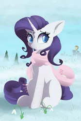 Size: 4376x6552 | Tagged: safe, artist:posionjoke, derpibooru import, rarity, pony, unicorn, absurd resolution, city, clothes, crystaller building, female, flower, hooves, horn, lineless, manehattan, mare, scarf, sitting, solo, tree