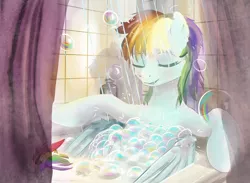 Size: 2509x1841 | Tagged: safe, artist:xbi, derpibooru import, rainbow dash, pegasus, pony, armpits, bath, bathing, bathroom, bathtub, eyes closed, female, foam, mare, soap bubble, solo, tabun art-battle finished after, water, wings