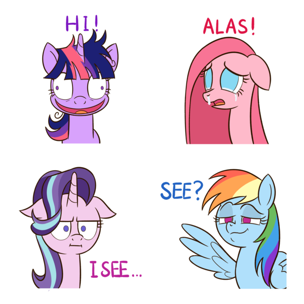 Size: 2000x2000 | Tagged: safe, artist:sazanamibd, derpibooru import, pinkie pie, rainbow dash, starlight glimmer, twilight sparkle, pony, :i, crying, i mean i see, meme, pinkamena diane pie, smug, twilight snapple, unamused