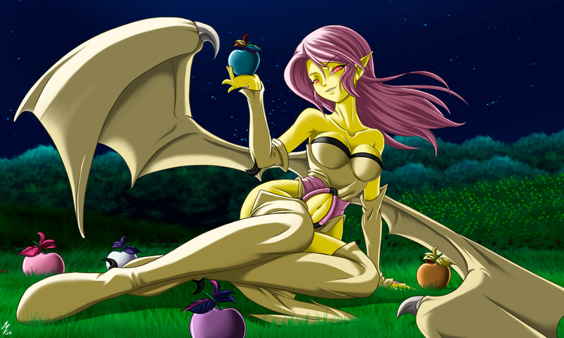 Size: 3000x1800 | Tagged: safe, alternate version, artist:mauroz, derpibooru import, applejack, fluttershy, bat pony, human, apple, applejack becoming an apple, armpits, bat ponified, boots, breasts, clothes, elf ears, evening gloves, female, fingerless elbow gloves, fingerless gloves, flutterbat, food, food transformation, fruit, gloves, grass, halloween, happy halloween, holiday, humanized, image, implied applejack, implied pinkie pie, implied rainbow dash, implied rarity, implied transformation, implied twilight sparkle, inanimate tf, jpeg, leotard, long gloves, night, race swap, shoes, solo, stars, thigh boots, transformation
