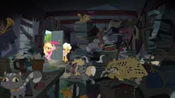 Size: 2880x1609 | Tagged: safe, derpibooru import, screencap, applejack, derp cat, dotty, goldie delicious, pinkie pie, cat, cheetah, earth pony, pony, siamese cat, pinkie apple pie, :p, animal, book, clutter, collar, female, flower pot, goldie delicious' cats, goldie delicious' house, hoarder, mare, musical instrument, silly, tongue out, trumpet