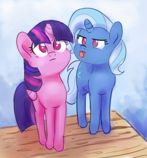 Size: 2035x2188 | Tagged: safe, artist:aemantaslim, derpibooru import, trixie, twilight sparkle, twilight sparkle (alicorn), alicorn, pony, unicorn, :p, behaving like a cat, cute, diatrixes, duo, female, frown, glare, grumpy, looking up, mare, no pupils, ponified animal photo, silly, tongue out, trixie is not amused, twiabetes, unamused