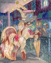 Size: 2451x3042 | Tagged: safe, artist:magnifsunspiration, derpibooru import, oc, oc:piquanta coffeebreak, pony, unicorn, female, goggles, hat, high res, night, rain, traditional art, umbrella