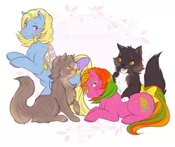Size: 900x755 | Tagged: artist:suzanami, brilliant blossoms, cat, derpibooru import, g1, hula hula, merry go round pony, safe, tropical ponies