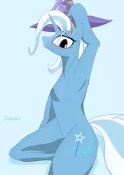 Size: 1440x2039 | Tagged: suggestive, artist:rafhedecat, derpibooru import, trixie, pony, semi-anthro, unicorn, armpits, blue background, female, hat, looking at you, mare, simple background, sitting, solo