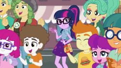 Size: 800x450 | Tagged: safe, derpibooru import, screencap, doodle bug, gallop j. fry, garden grove, guy grove, lily longsocks, little red, sandalwood, sci-twi, super funk, twilight sparkle, equestria girls, equestria girls series, street magic with trixie, spoiler:eqg series (season 2), animated, background human, female, gif, loop, magic, male, out of context