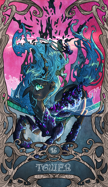 Size: 822x1425 | Tagged: safe, artist:sourcherry, derpibooru import, queen chrysalis, changeling, changeling queen, pony, angry, armor, changeling hive, crown, explosion, female, flowy mane, flying, jewel, jewelry, major arcana, regalia, solo, tarot, tarot card, the tower, tower